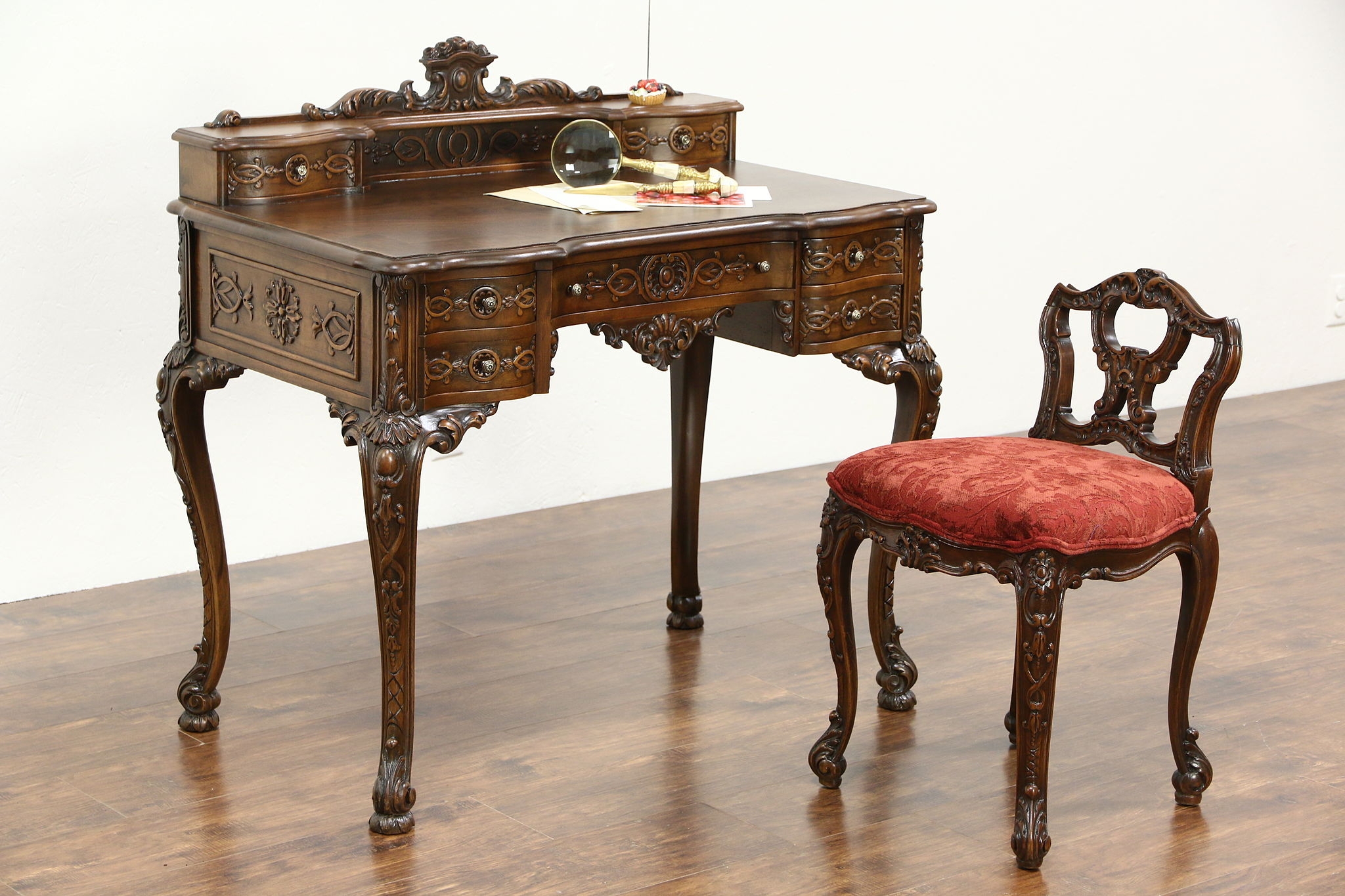 Writing Desk Set with Carving and French Antique Desk