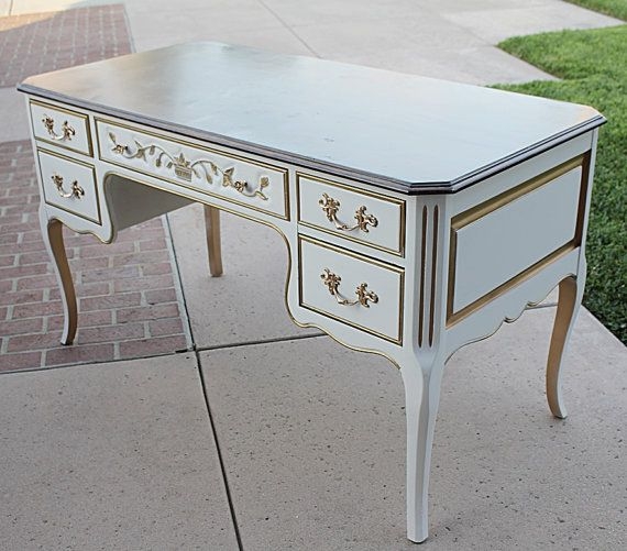 Writing Desk: White and Gold Vanity Desk with Floral Carvings