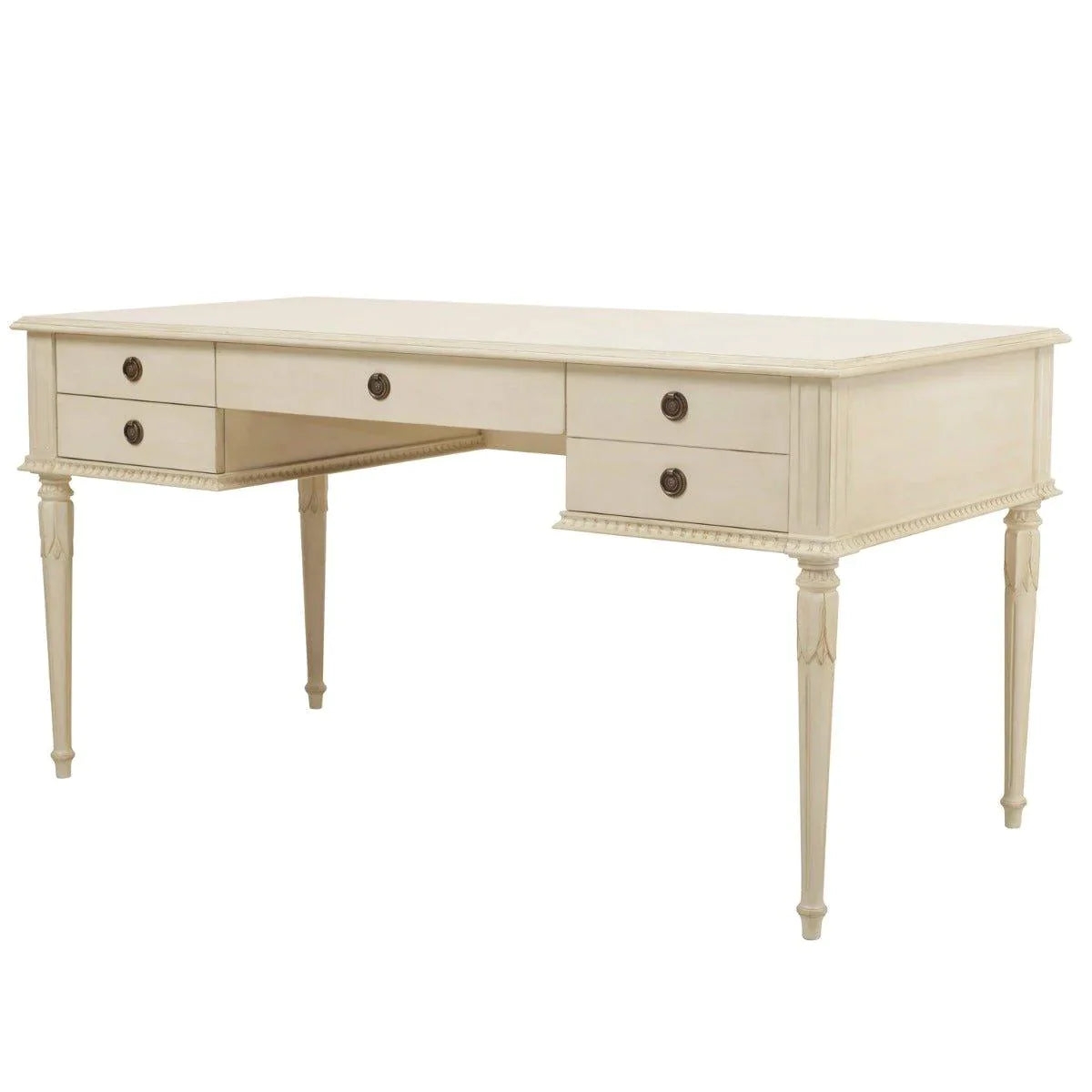 Writing Desk with Beaded Trim and Antique White Five Drawer