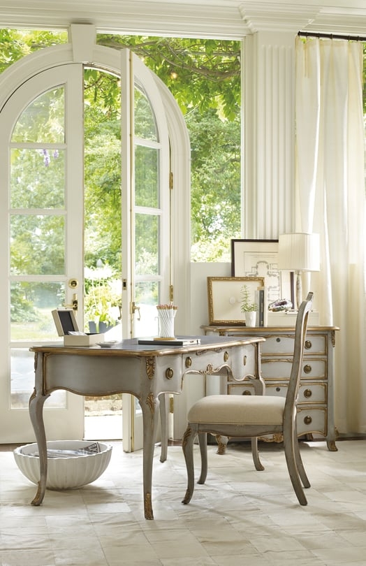 Writing Desk with Hand-Carved Gold Accents and Muted Grey