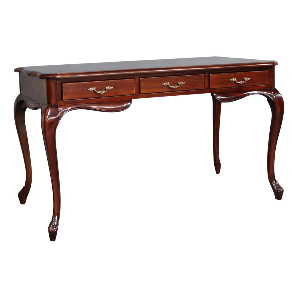 Writing Desk with Mahogany Wood and Ornate Brass Drawer Pulls