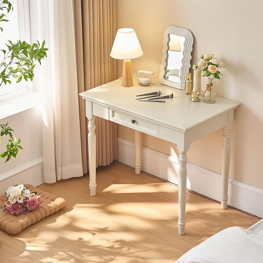 Writing Desk with Spindle Legs and Off-White Farmhouse Style