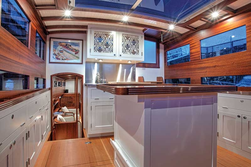 Yacht Galley with Fan Pattern Inserts and Art Deco Boat Cabinetry
