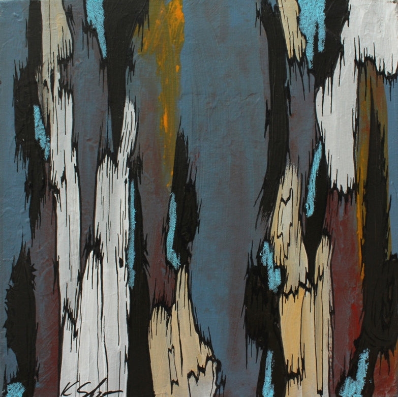 Abstract Painting Vertical Bark Motif Slate Blue Base