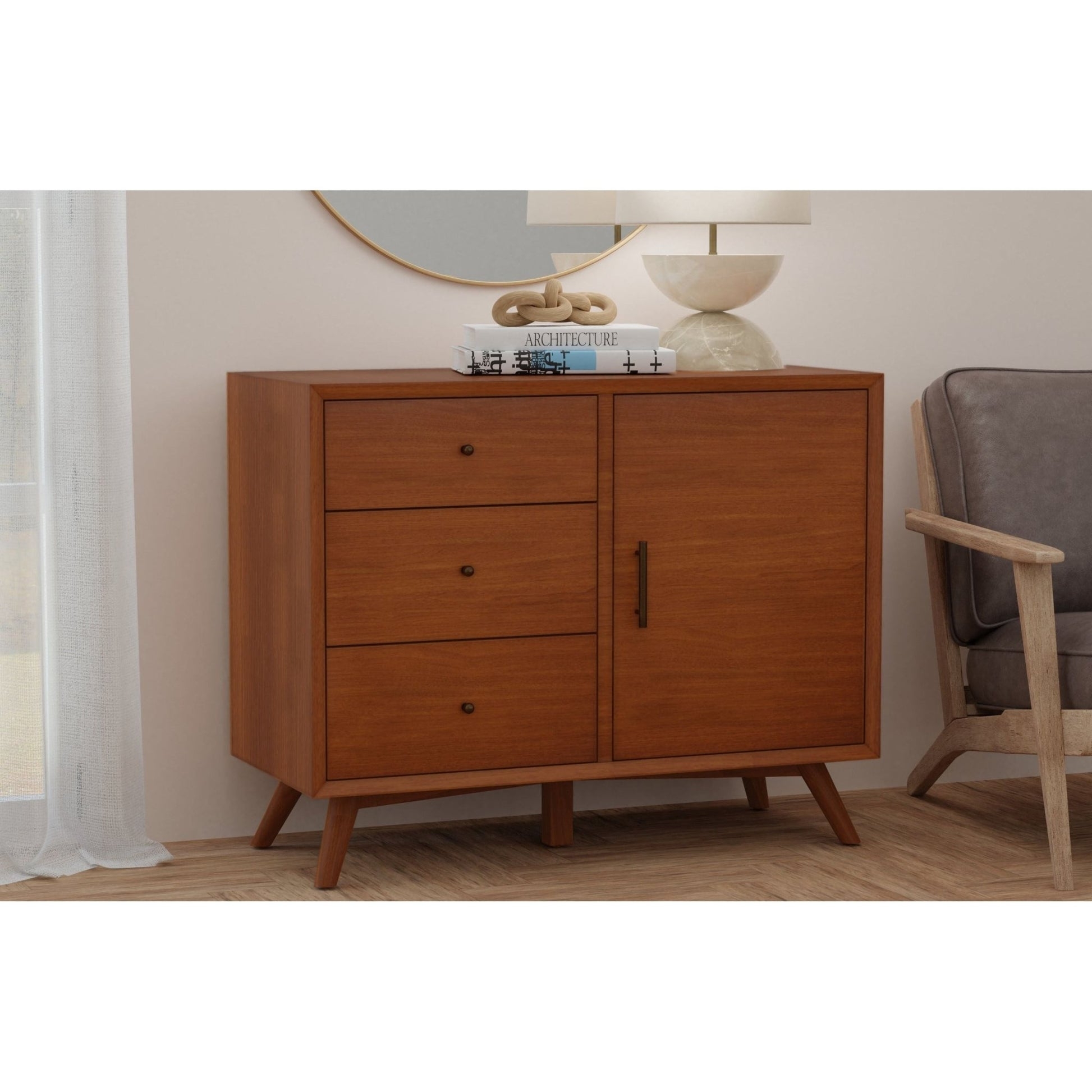 Accent Cabinet provides Chestnut Finish and Asymmetric Storage