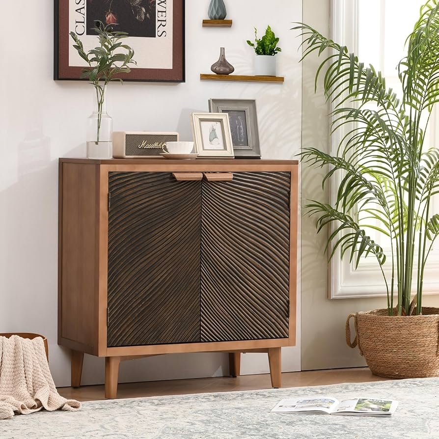 Accent Cabinet with Wavy Texture and Carved Wood Doors