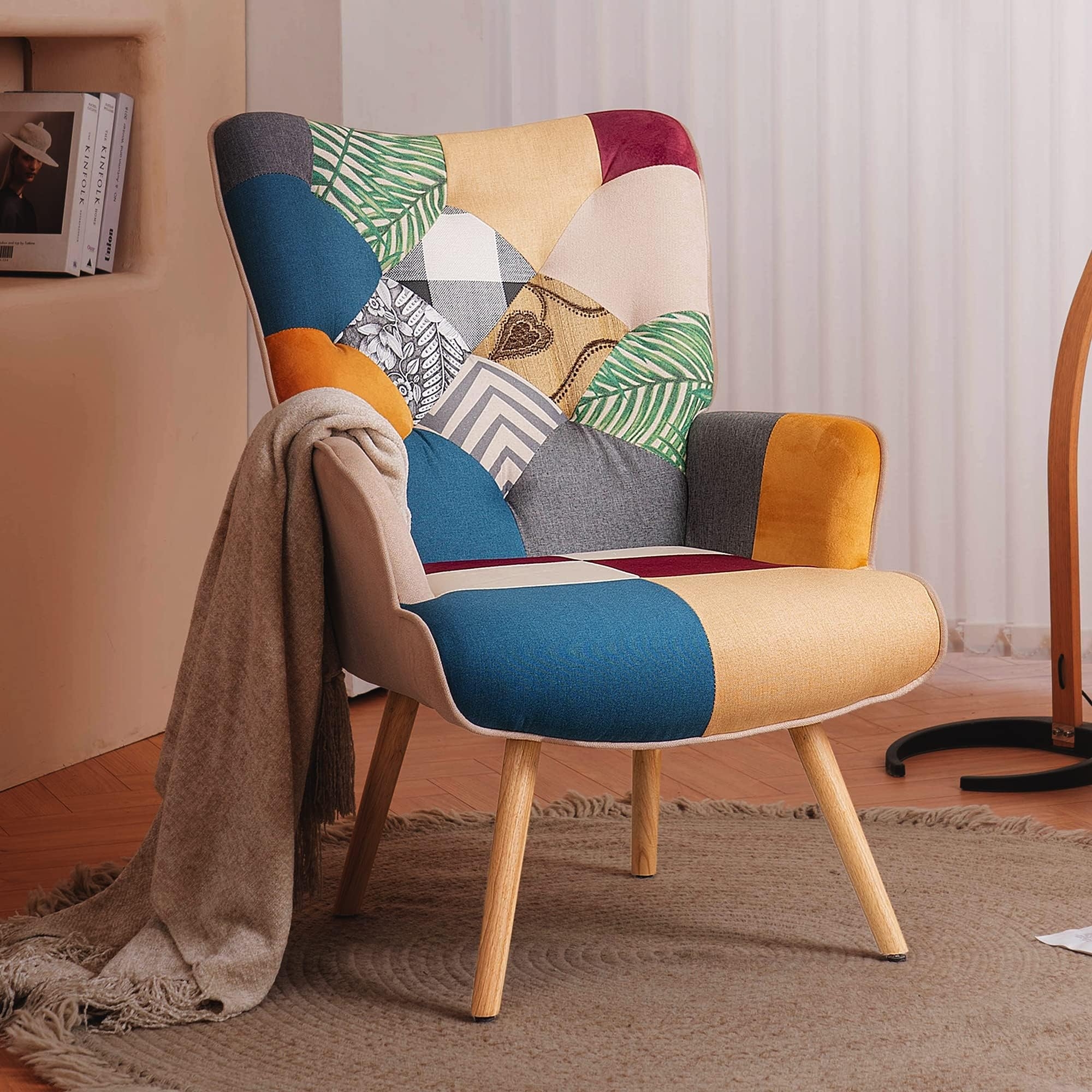 Accent Chair Bohemian Patchwork Upholstery Tapered Legs