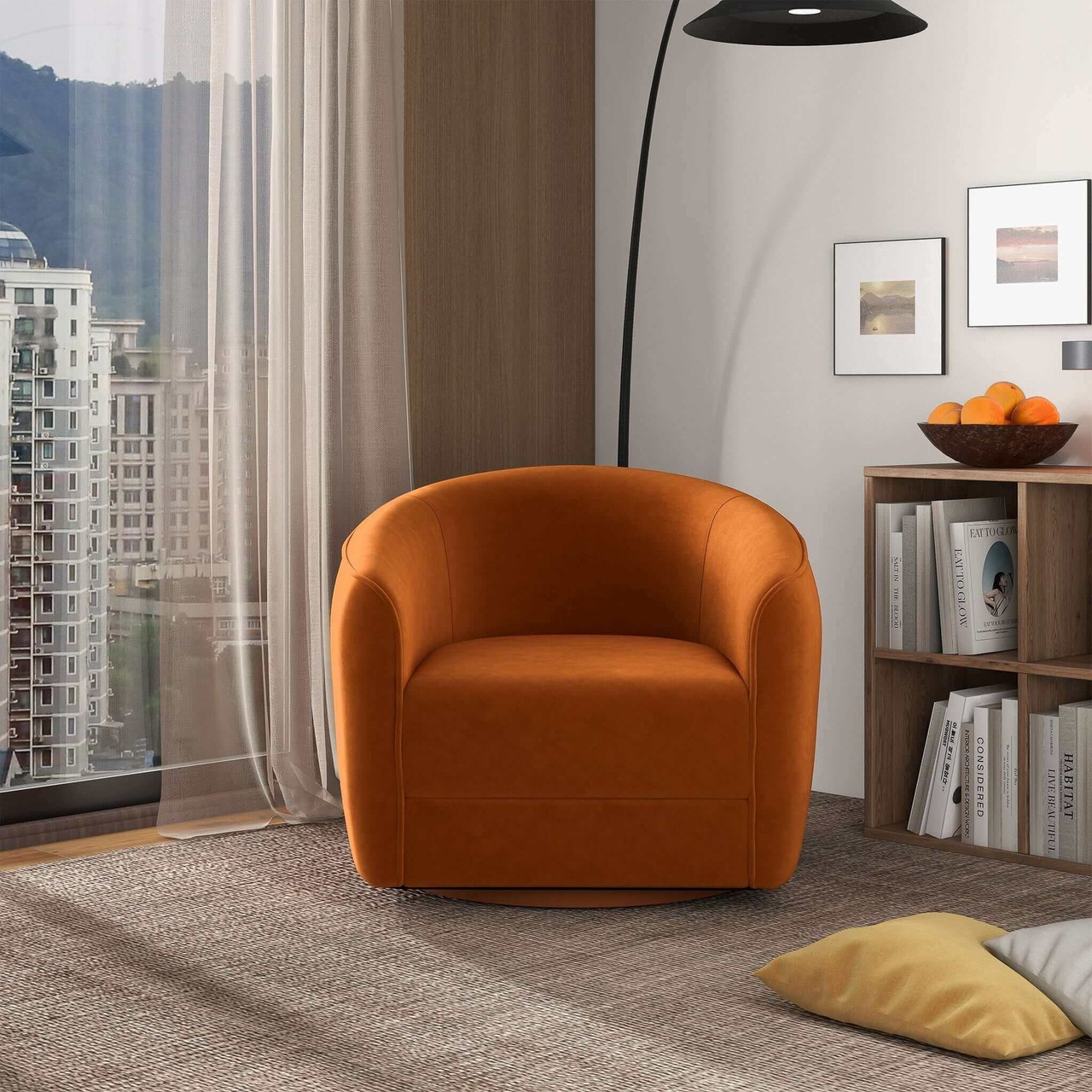 Accent Chair Burnt Orange Velvet with a Rounded Swivel Back