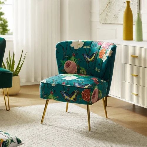 Accent Chair Butterfly Floral Print and Gold Tapered Legs
