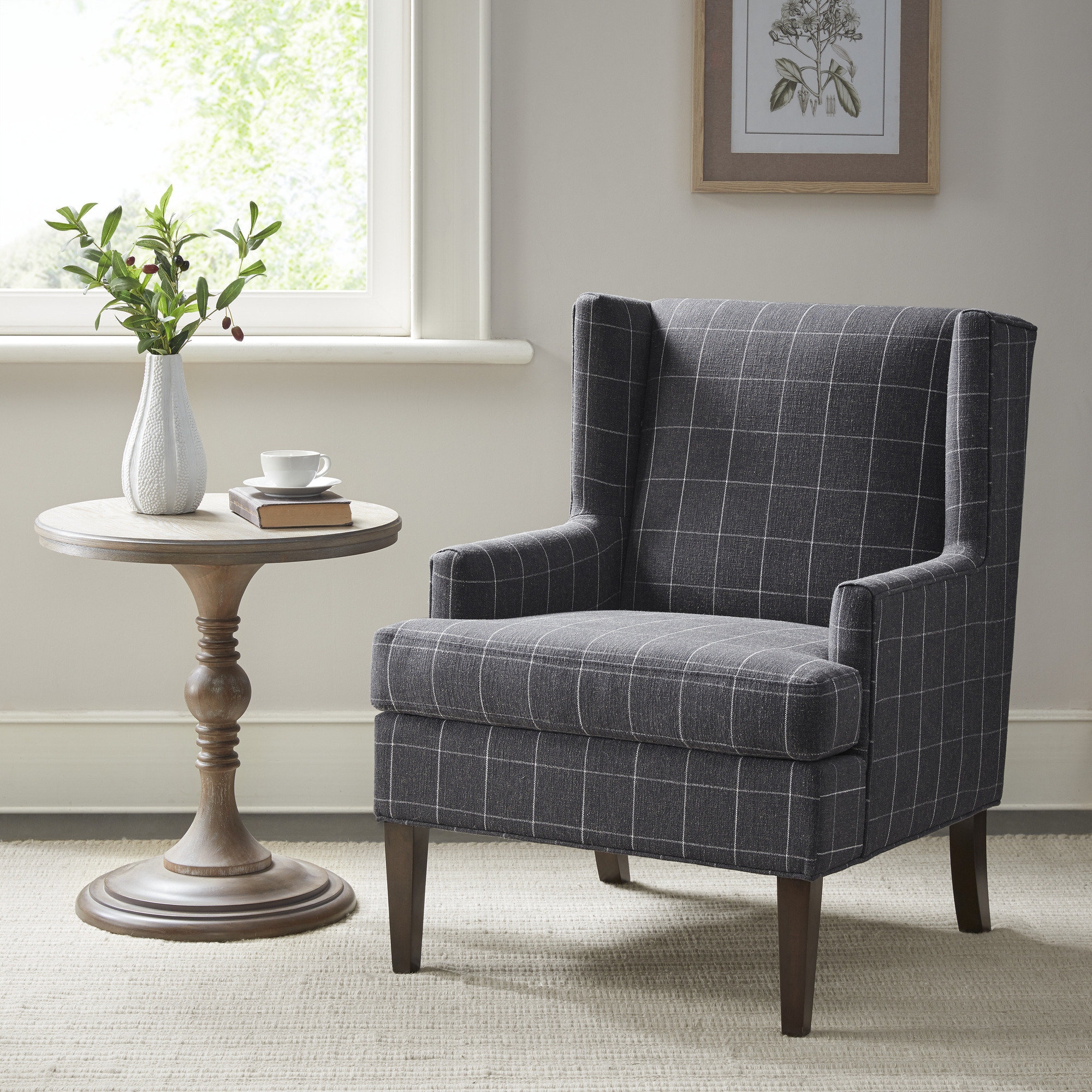 Accent Chair Charcoal Windowpane Plaid Squared Arms