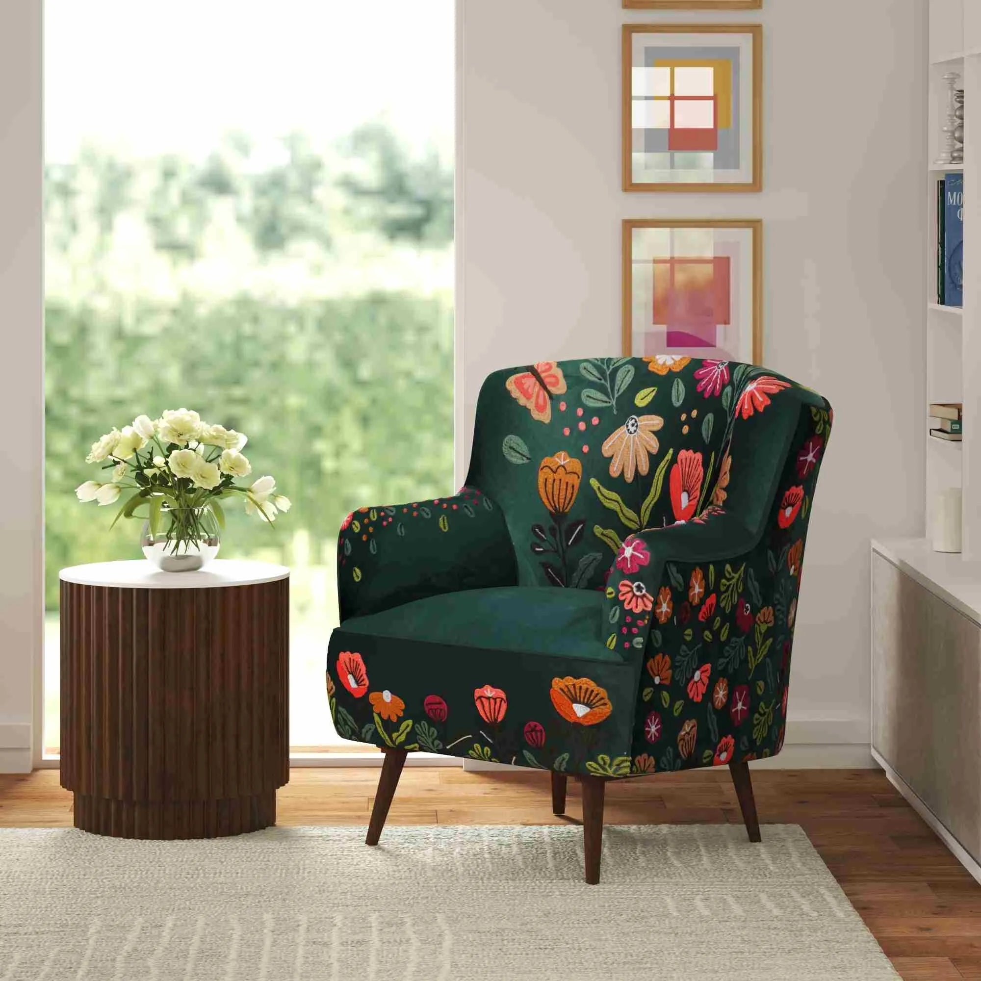 Accent Chair Forest Green Base with Floral Upholstery