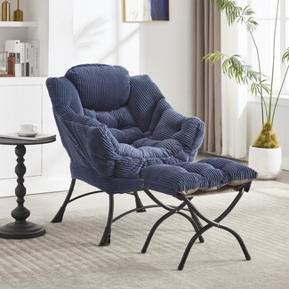 Accent Chair in Navy Corduroy with Side Pocket and X-Frame Base
