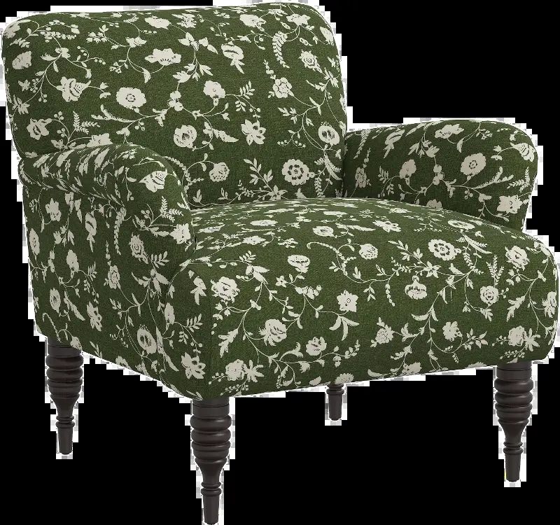 Accent Chair Olive Green Botanical Print with Turned Legs