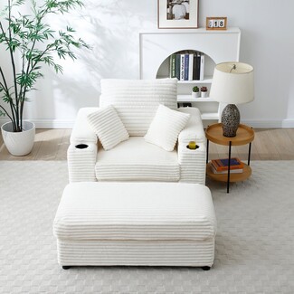 Accent Chair Ottoman Set with Integrated Cup Holders in Ivory