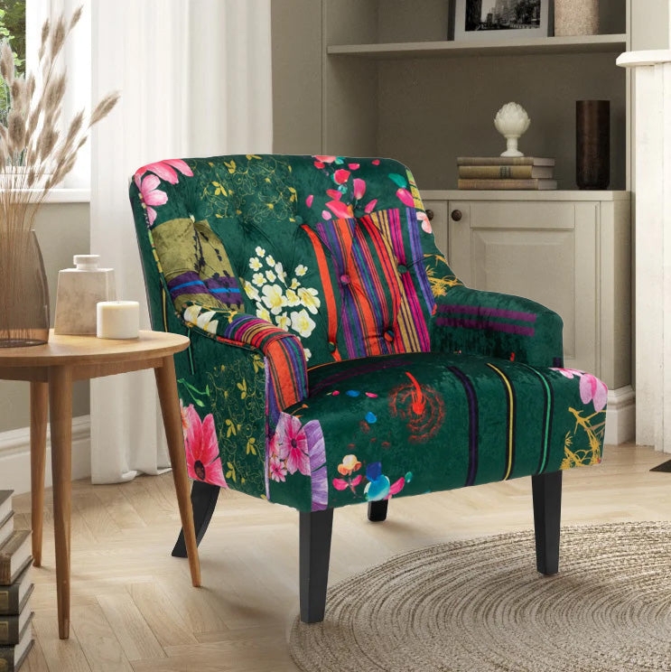Accent Chair Patchwork Print with Emerald Green Base