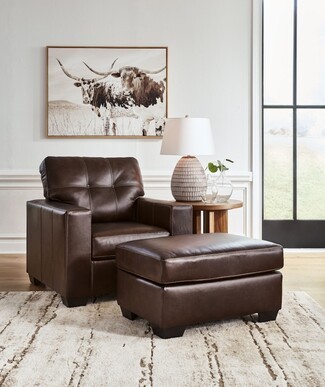 Accent Chair Plus Ottoman with Grid-Stitched Back in Dark Brown