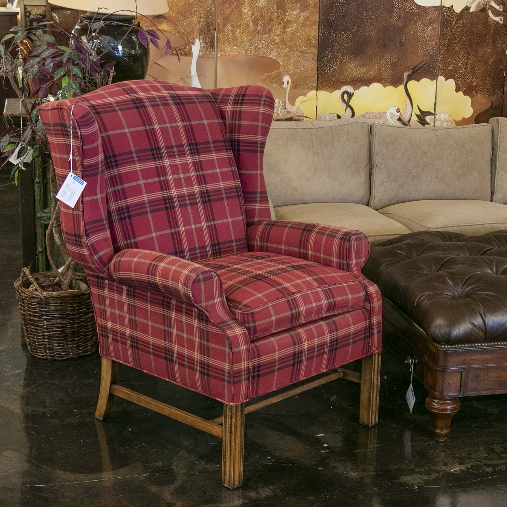 Accent Chair Red Plaid Wingback Seating Leg Stretchers