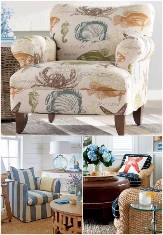 Accent Chair sea life print rolled arms beach house accent seating