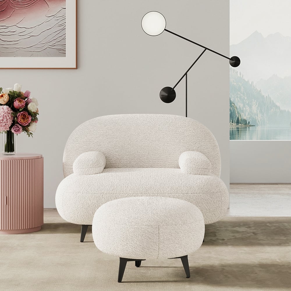 Accent Chair Set with Cream Boucle Texture and Organic Shape