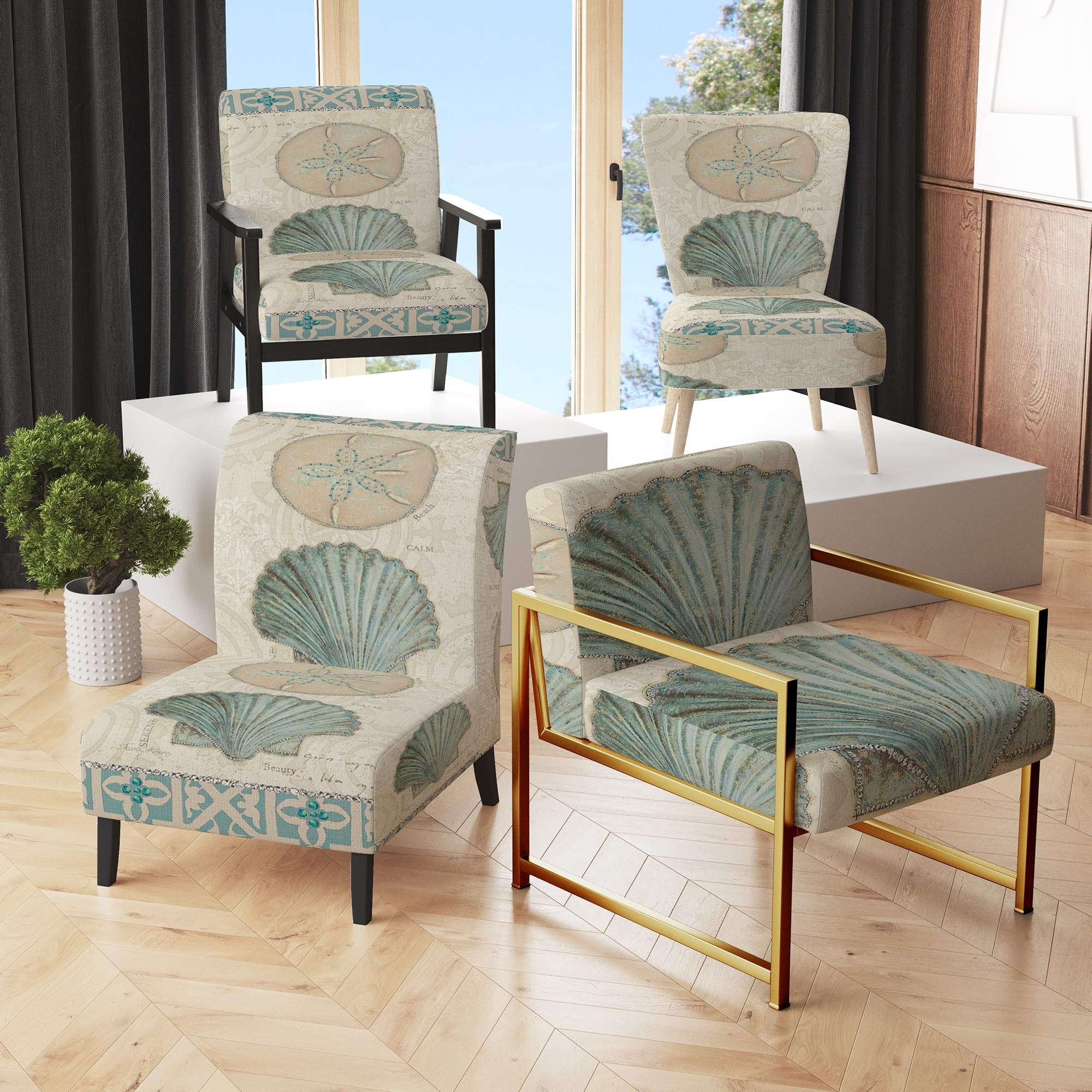 Accent Chair teal sand dollar gold frame coastal shell accent chair