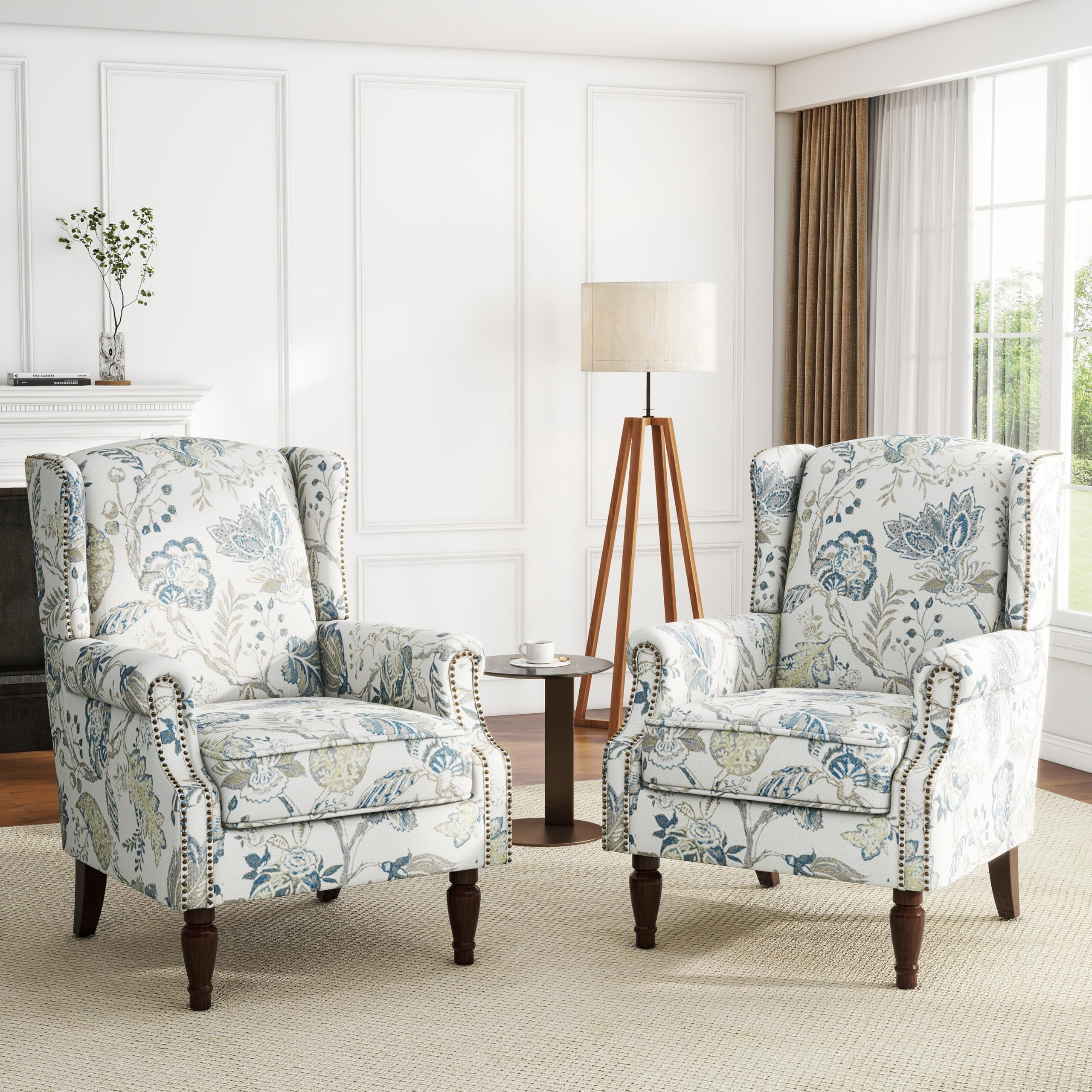 Accent Chair Wingback Silhouette in Blue Botanical Print