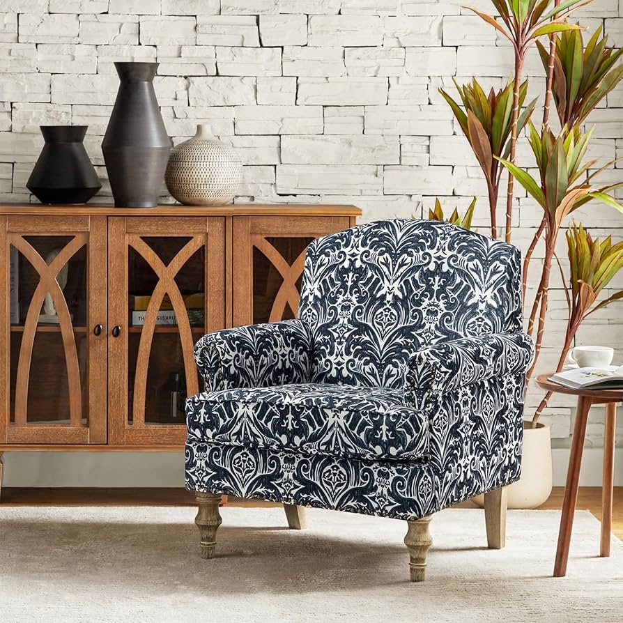 Accent Chair with Damask Print and Turned Front Legs