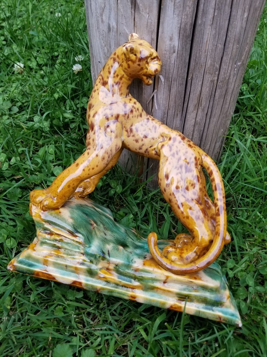 Animal Sculpture: Drip Glaze Amber Mid-century Cheetah Figurine