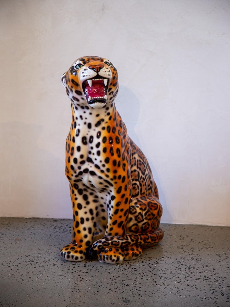 Animal Sculpture: Snarling Mouth Italian Ceramic Leopard