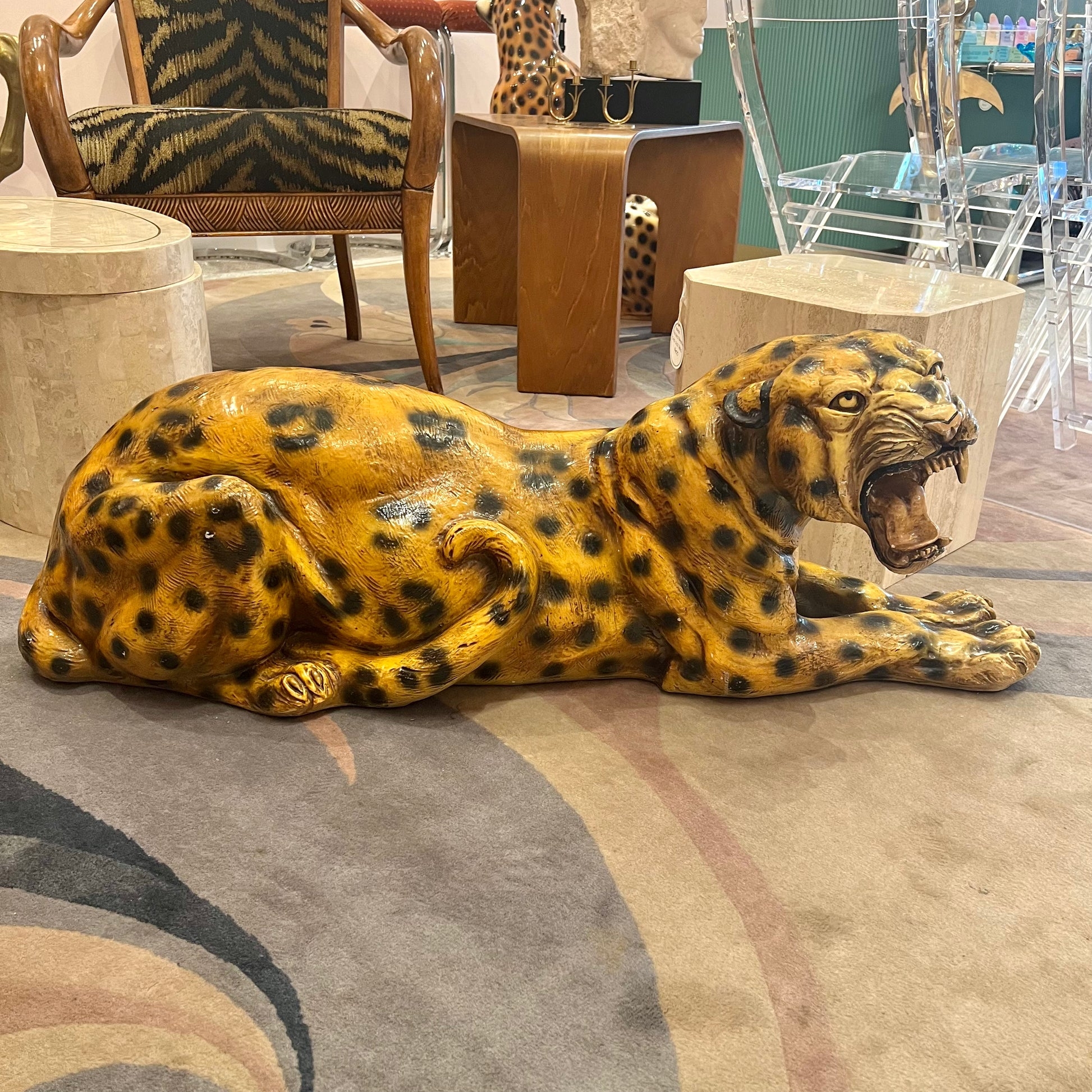 Animal Statue: Recumbent Pose Ochre Roaring Leopard Floor Statue
