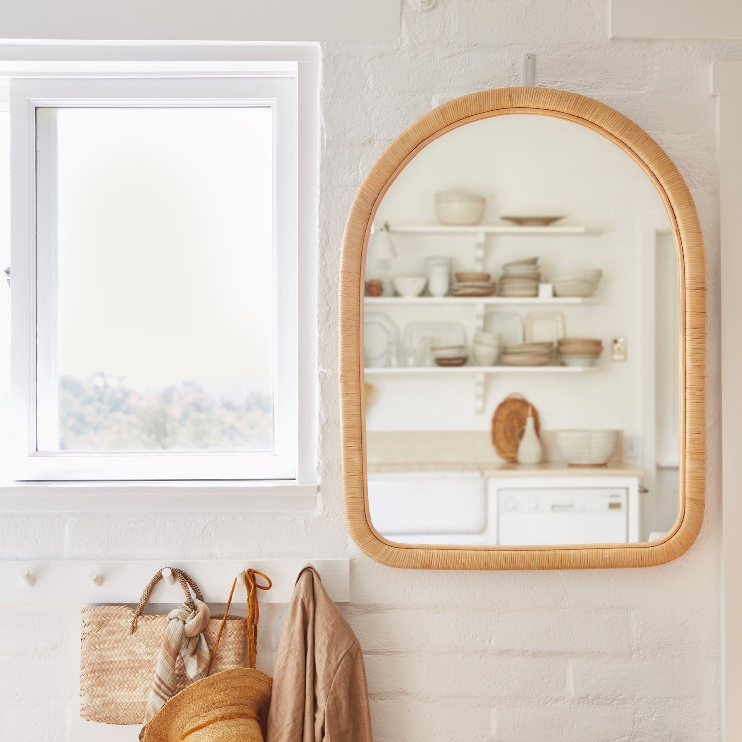 Arch Mirror Woven Rattan Frame Boho Entryway