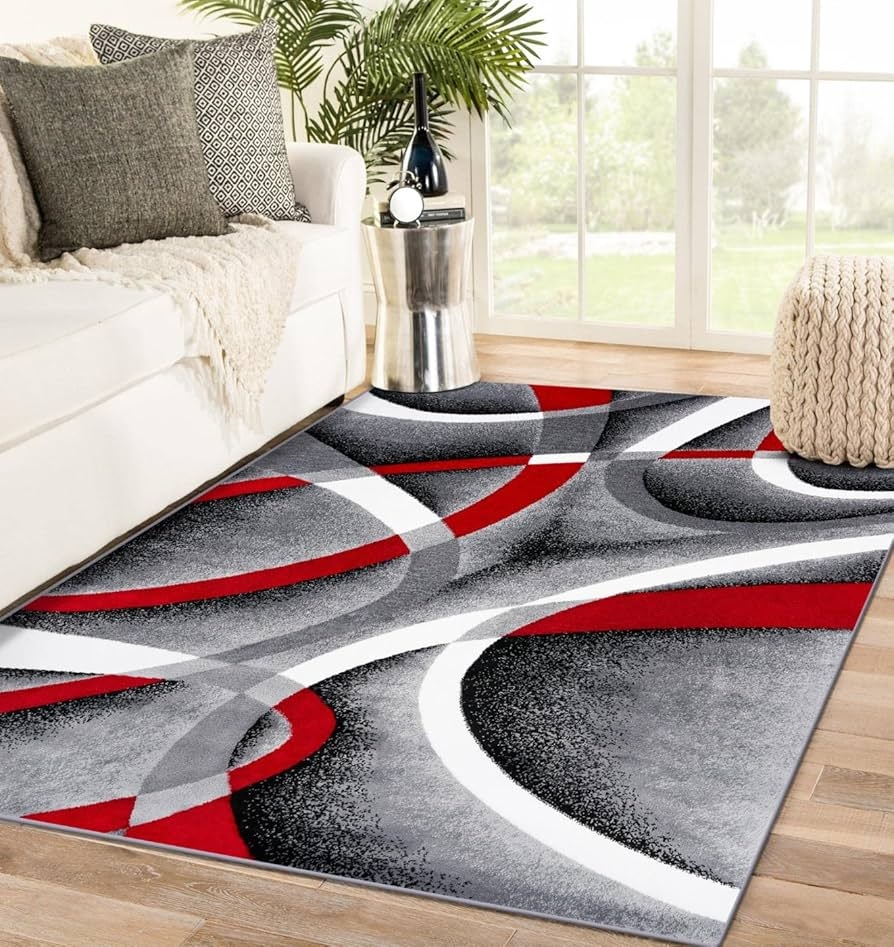 Area Rug 3D Visual Effect Angular Curves Bold Red Statement