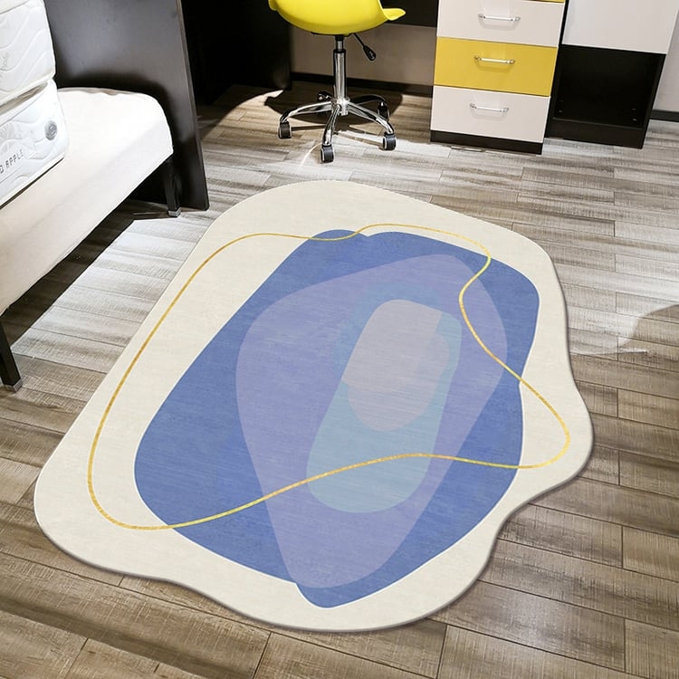 Area Rug Abstract Blue Pattern Gold Line Accent Fluid