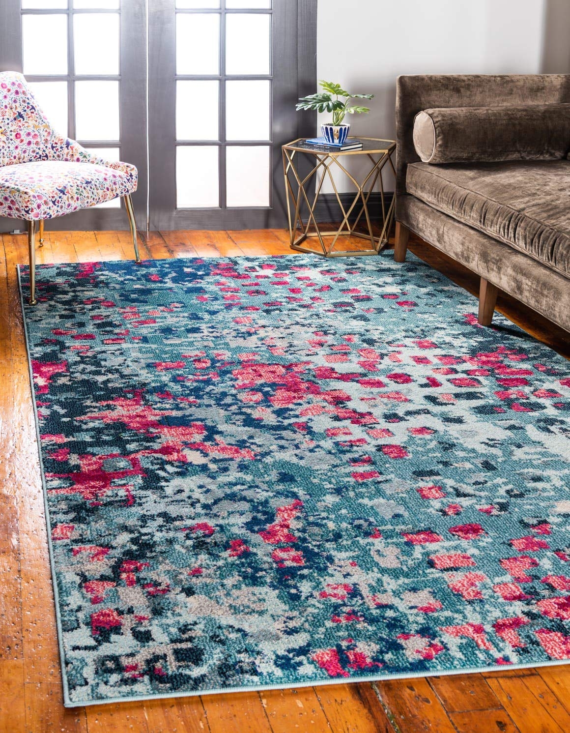 Area Rug Abstract Pixelated Pattern Vibrant Teal Blue Design