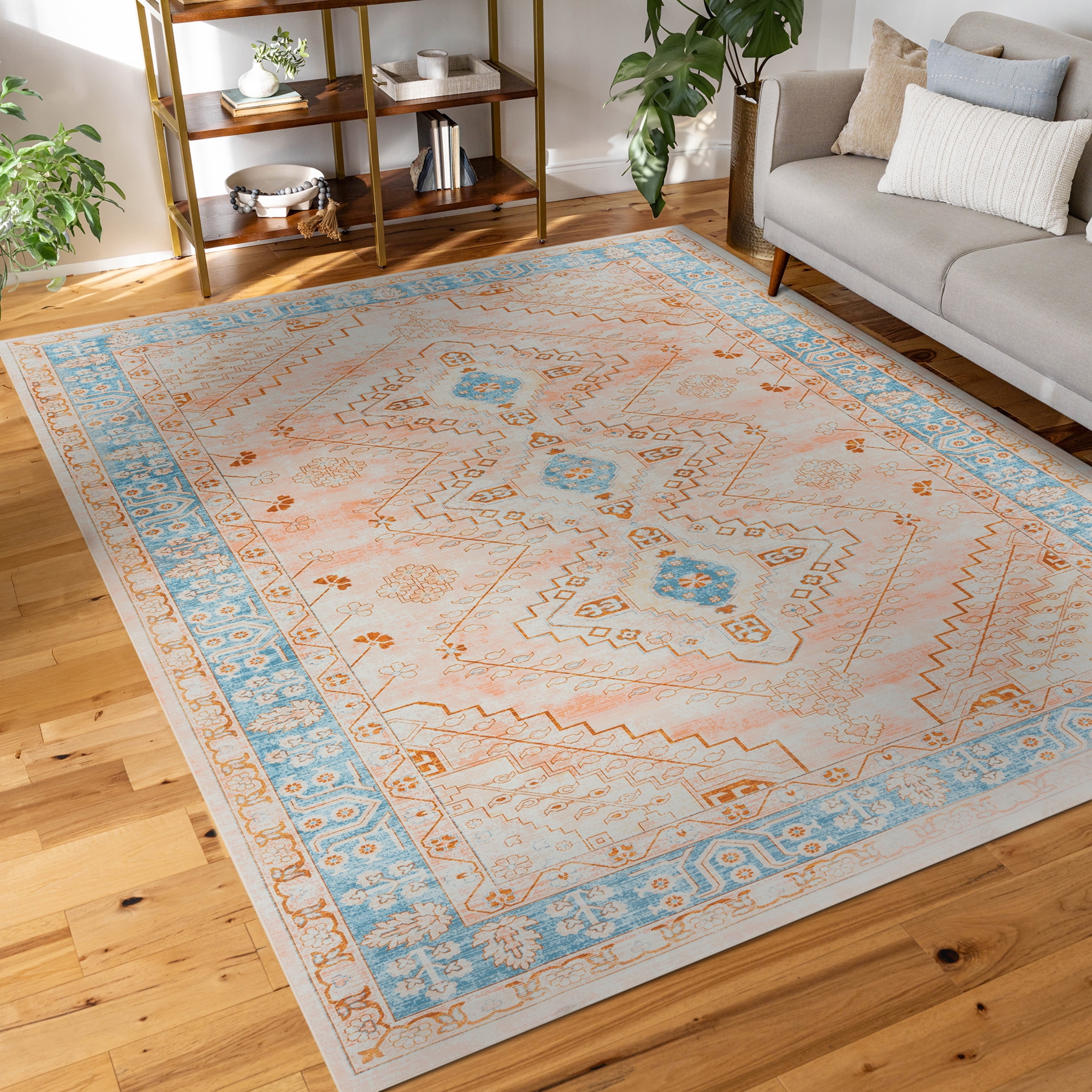 Area Rug Bohemian Tribal Medallion Sky Blue Faded Tribal Rug