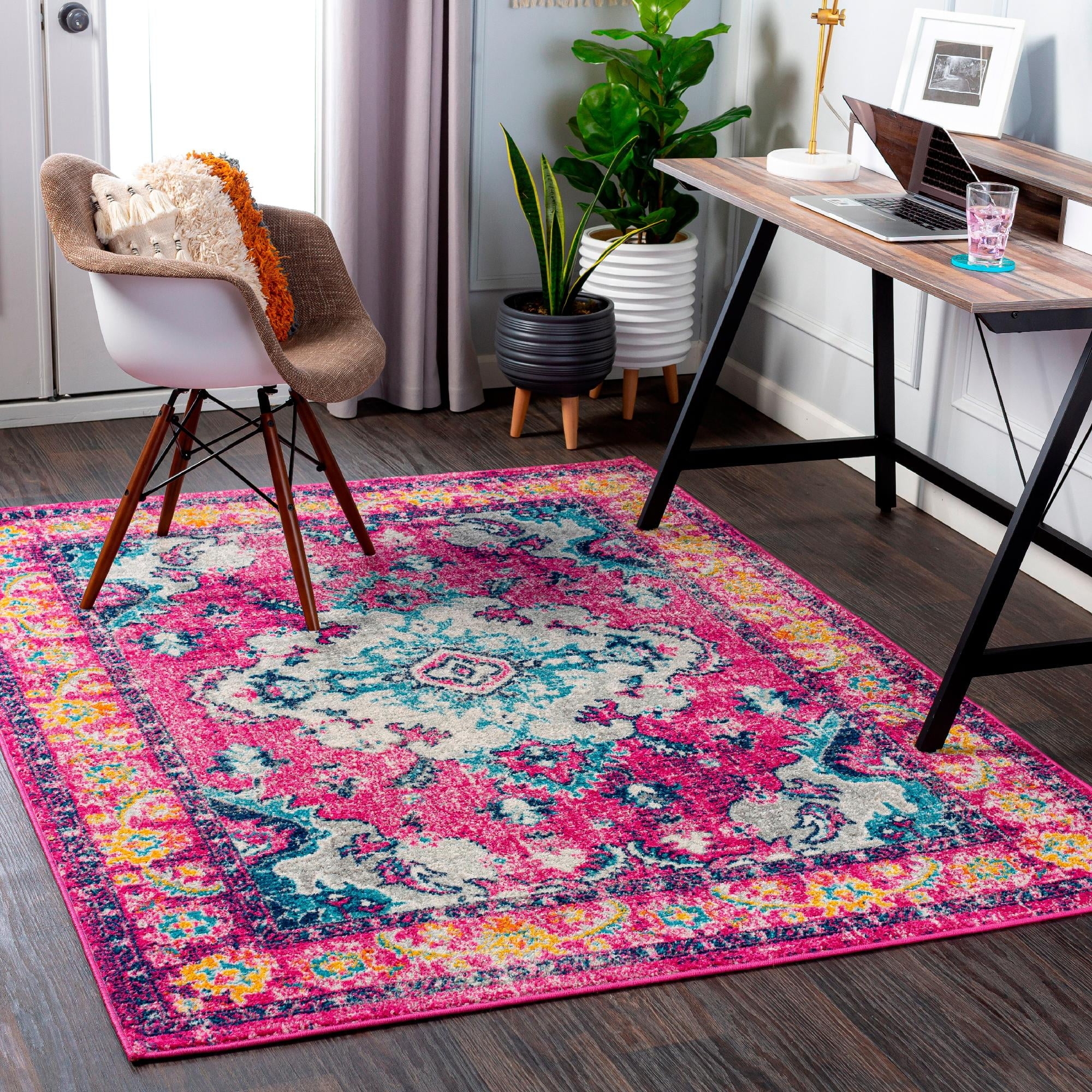 Area Rug Bold Traditional Pink Medallion Teal Low Pile Design