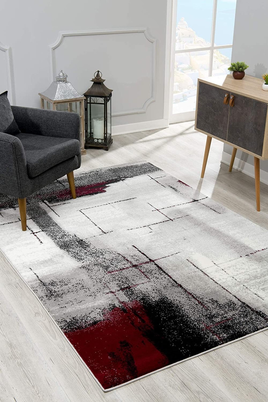 Area Rug Burgundy Accents Distressed Abstract Floor Decor