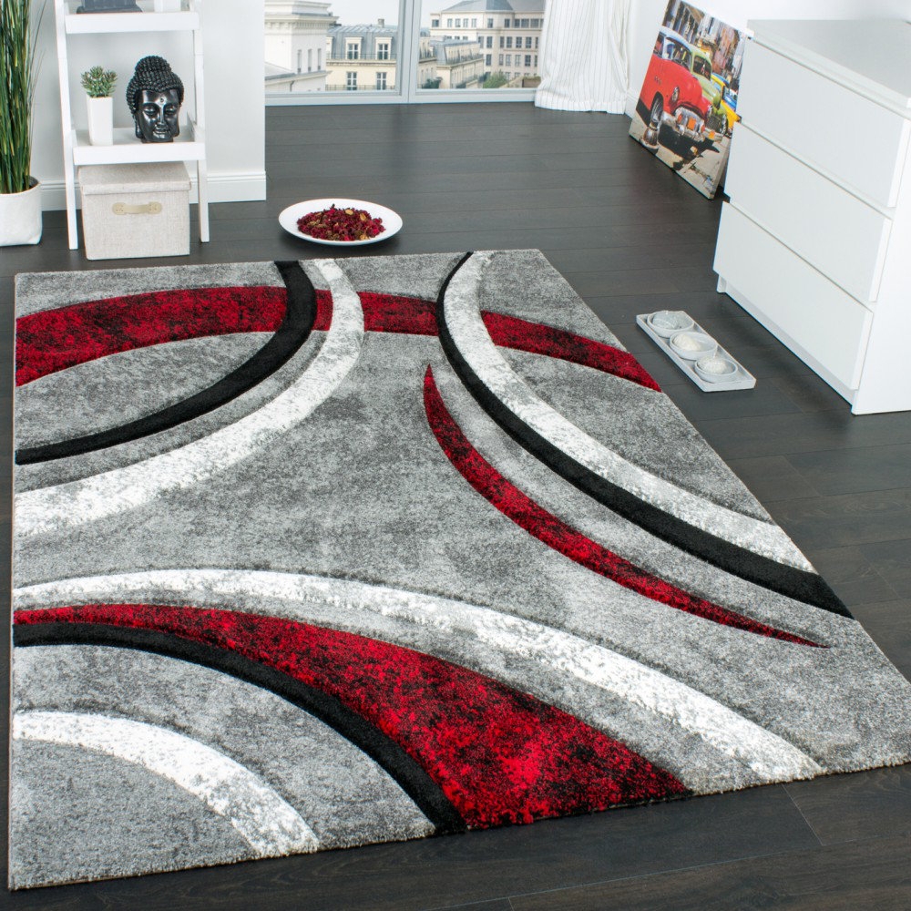 Area Rug Contemporary Swooping Motifs Crimson Textured Base