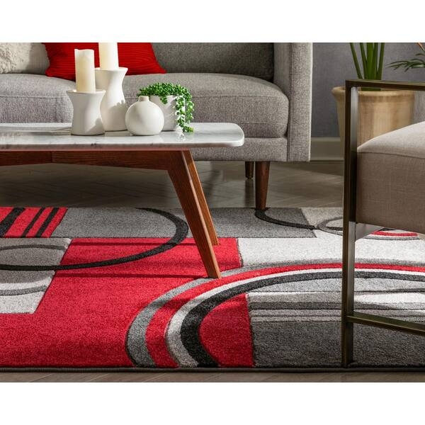 Area Rug Curved Wave Geometry Ruby Red Plush Carved Floor