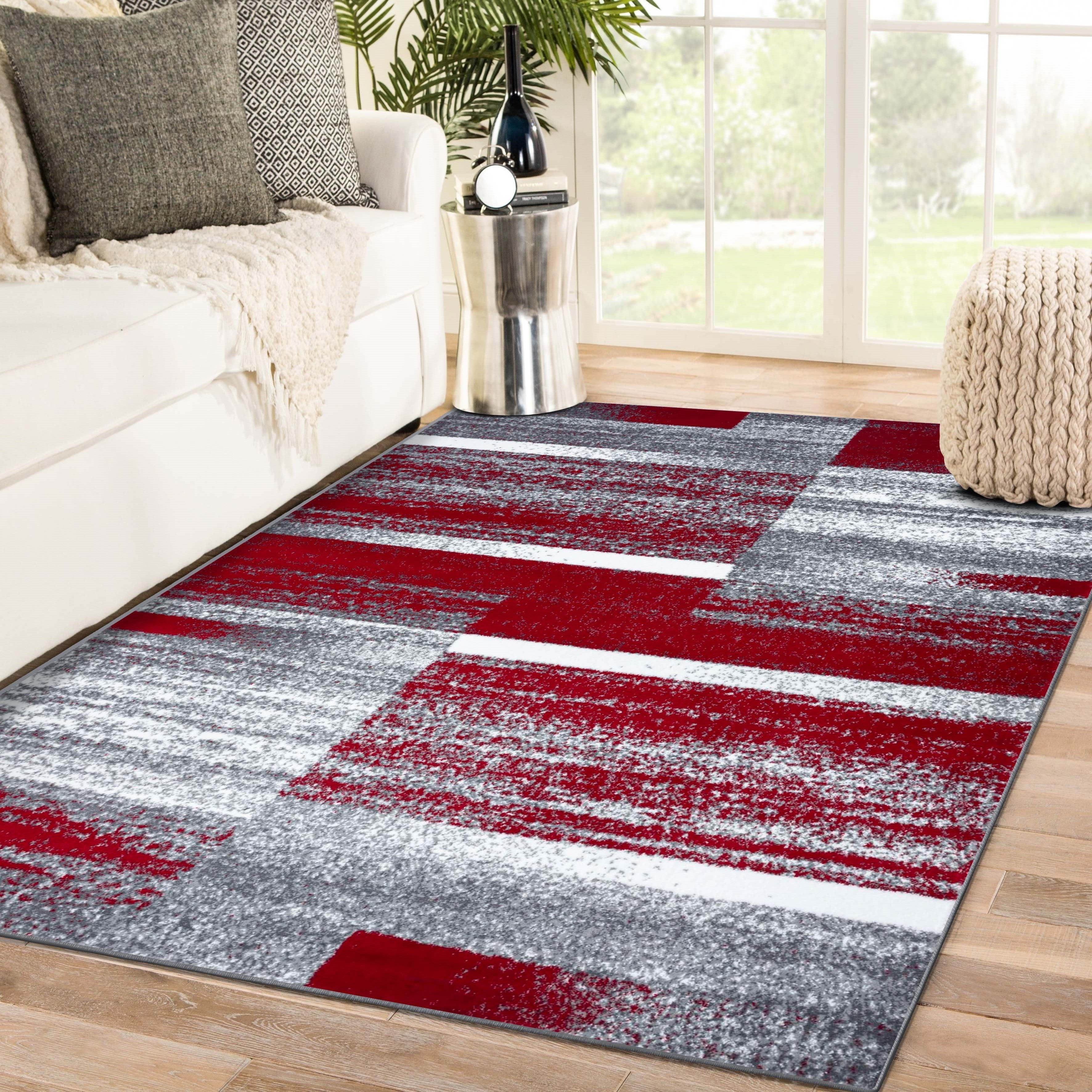 Area Rug Distressed Abstract Block Design Ruby Red Accents