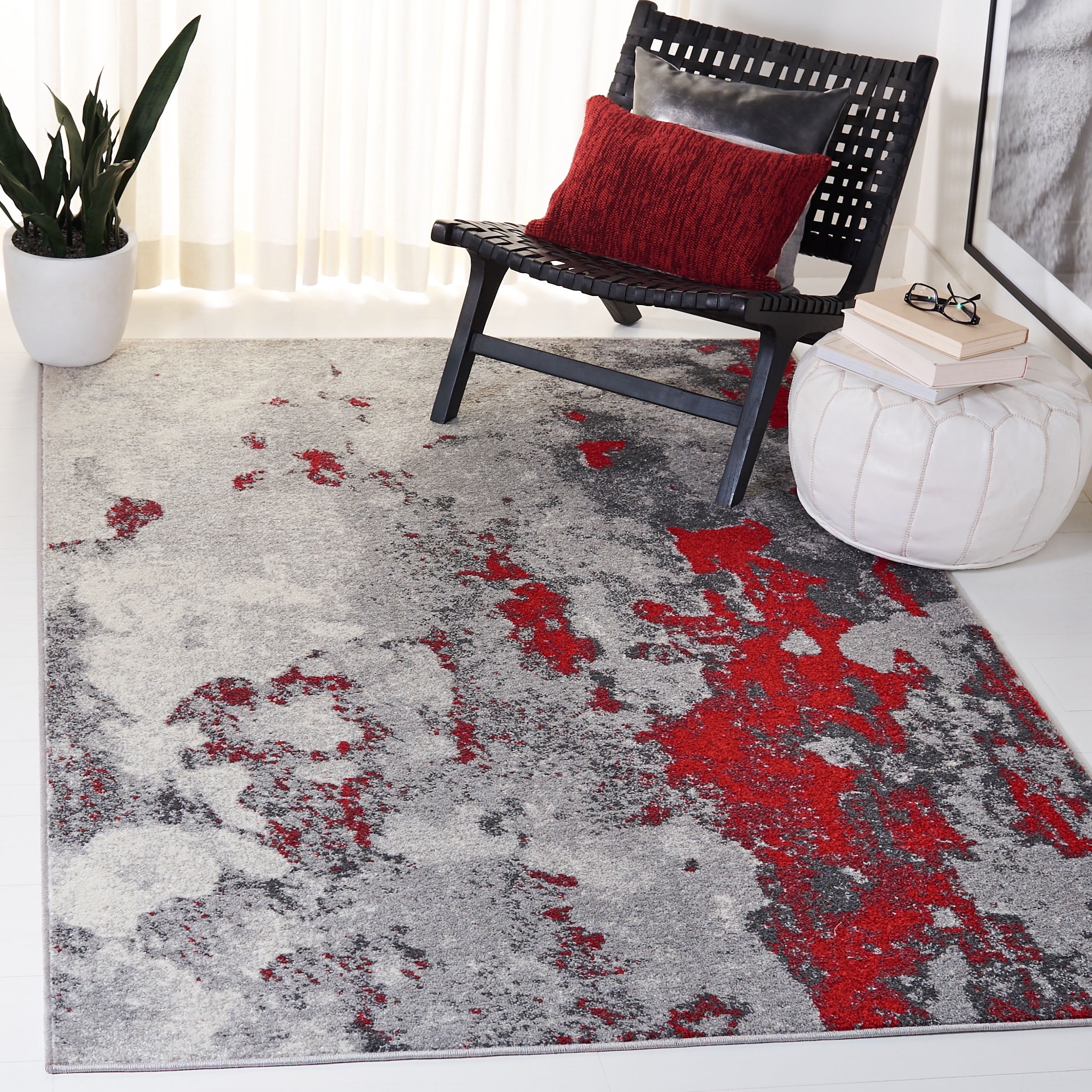 Area Rug Distressed Grey Texture Red Splashes Accent Rug