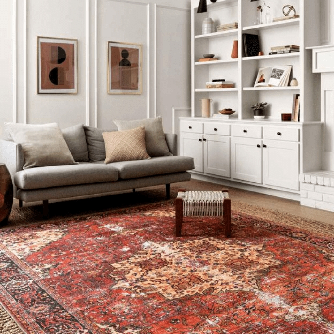 Area Rug Distressed Medallion Terracotta Vintage Style