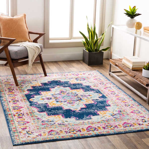 Area Rug Distressed Vibrant Blue Magenta Medallion