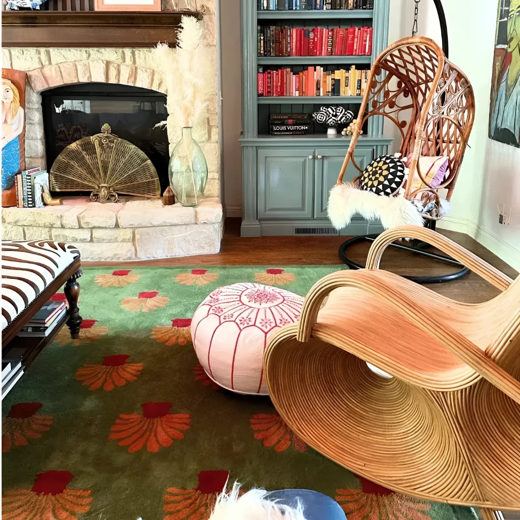 Area Rug Fan Shaped Motifs Deep Green Botanical Carpet