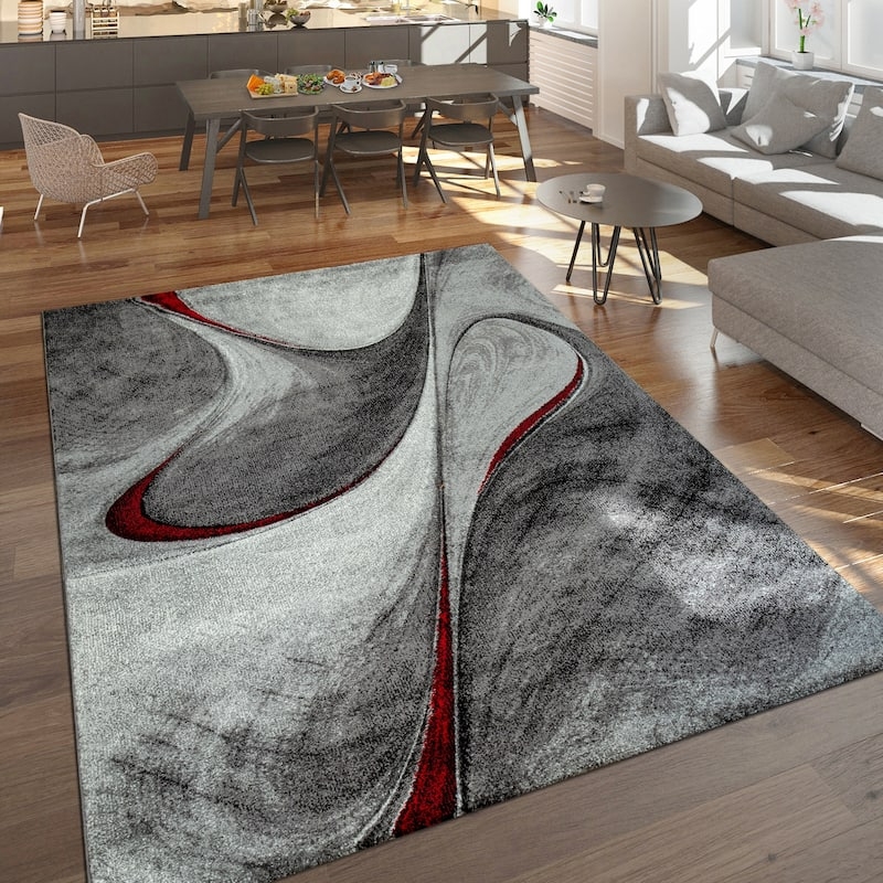Area Rug Fluid Wave Pattern Red Accent Swoosh Tone Gradient