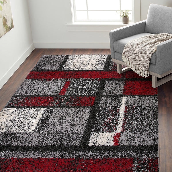 Area Rug Geometric Block Pattern Plush Shag Crimson Tone