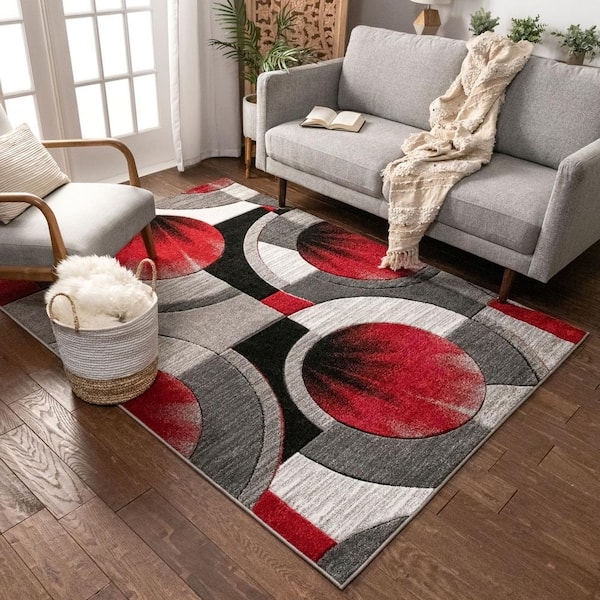 Area Rug Geometric Circles Carved Texture Ruby Red Arc