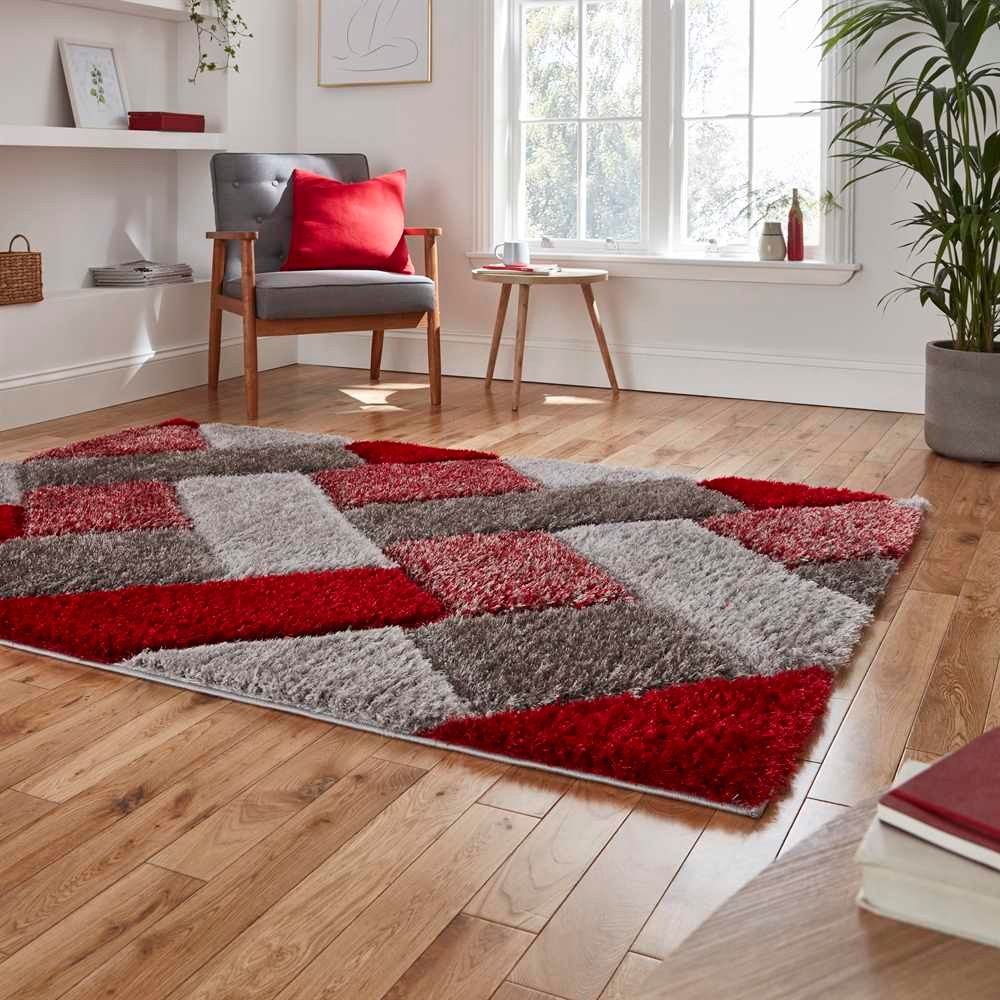 Area Rug High Pile Ruby Red Block Shaggy Home Carpet