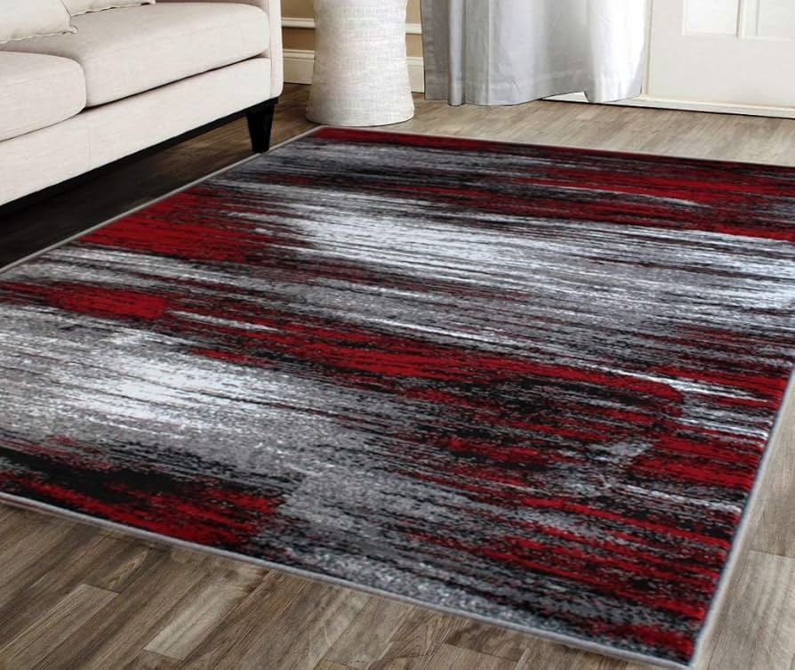 Area Rug Horizontal Pattern Distressed Crimson Striations
