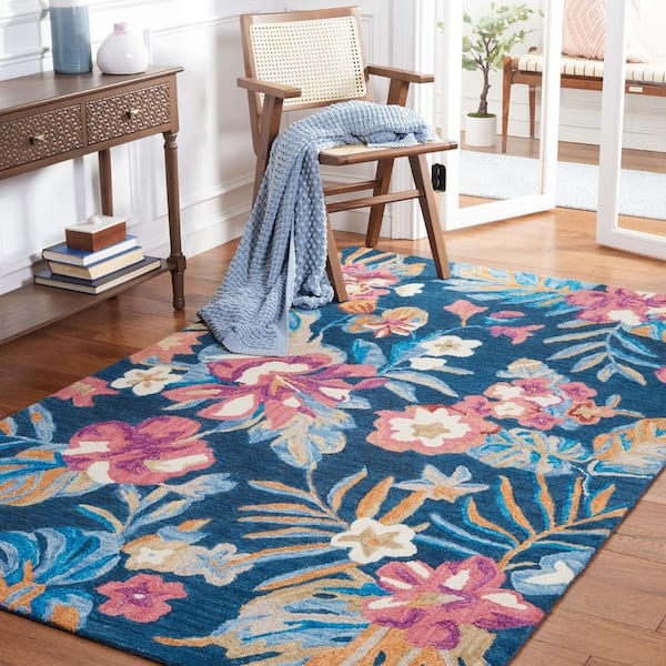 Area Rug Large Scale Botanicals Navy Blue Floral Rug Magenta