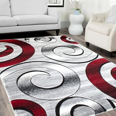 Area Rug Lava Red Swirls Carved Pile Depth Silver Gray